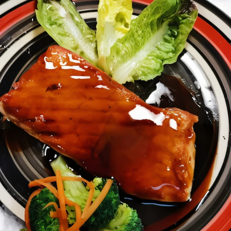 Teriyaki salmon with fresh lettuce, broccoli, and carrot strips on a black and red plate.