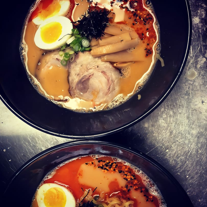 Two bowls of ICHIMARU MY FAV ramen with pork, egg, bamboo shoots, and scallions on a metal surface.