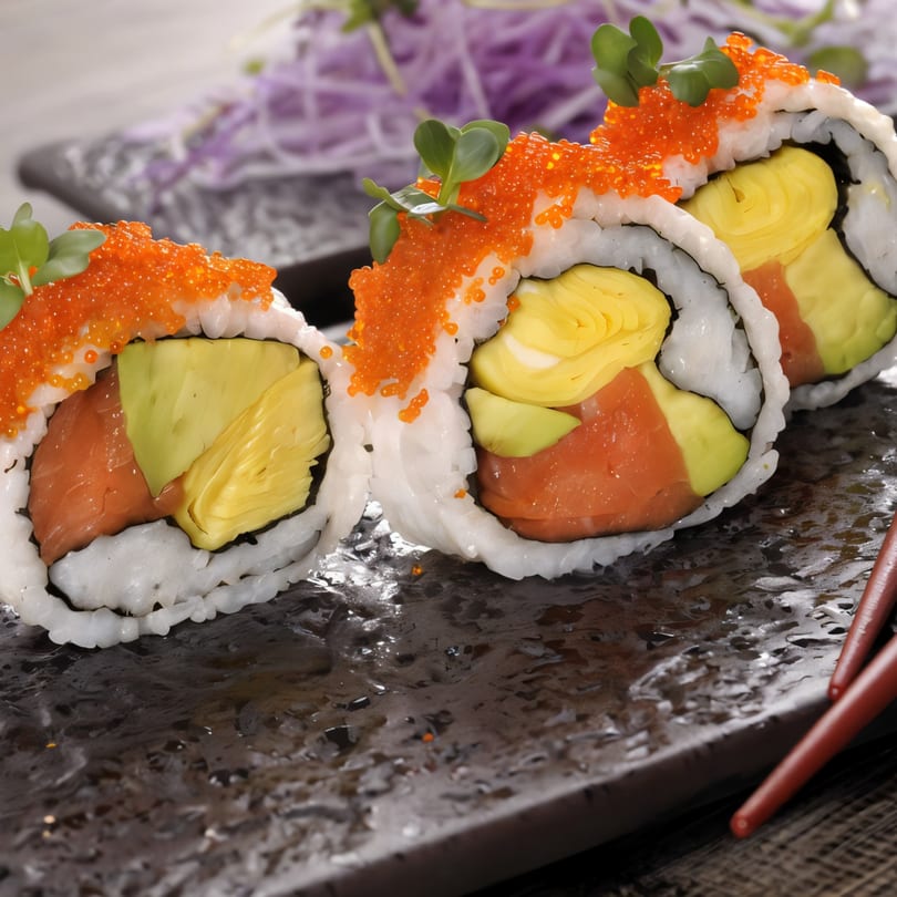 Three sushi rolls with salmon, avocado, and omelet, topped with orange roe and sprouts.